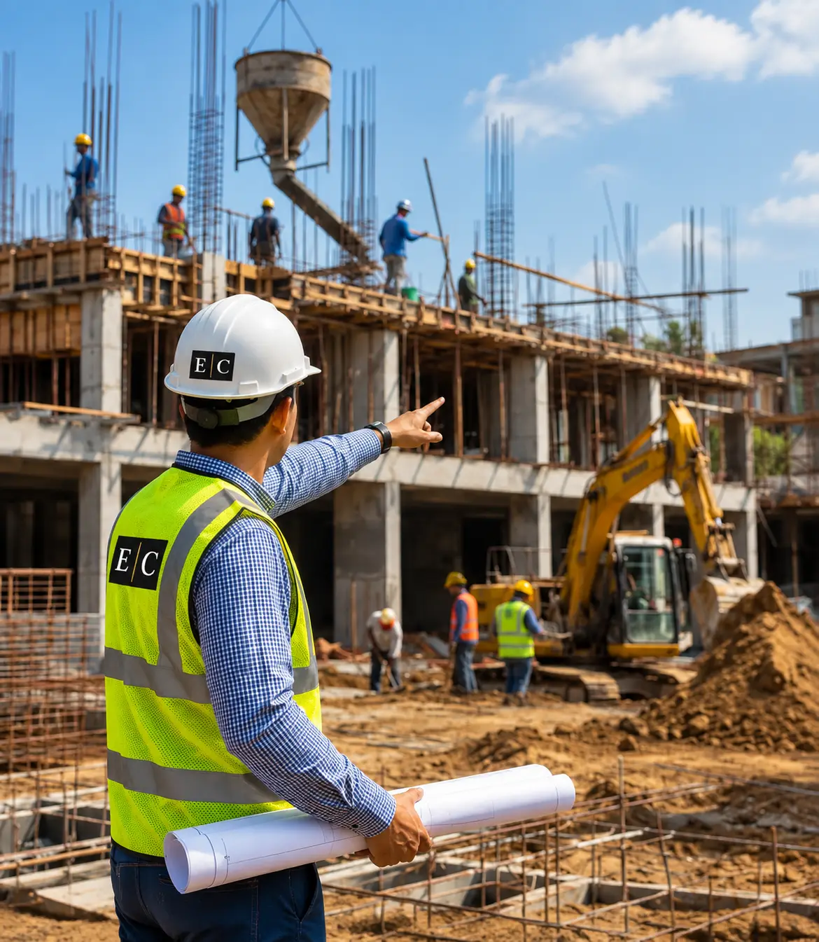 Site engineer reviewing construction progress